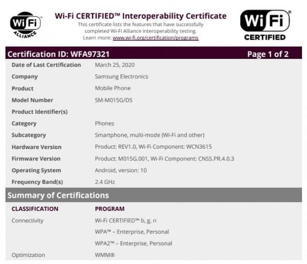 Samsung Galaxy M01 já foi certificado pela Wi-Fi Alliance 2